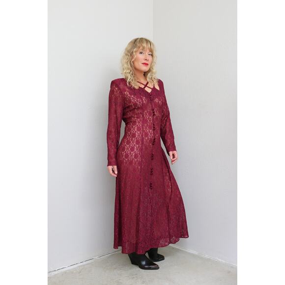 1980's Vintage Witchy Wine and Lace Dress ~ Women's MD LG ~ Stevie Nicks Vibes - Picture 8 of 10
